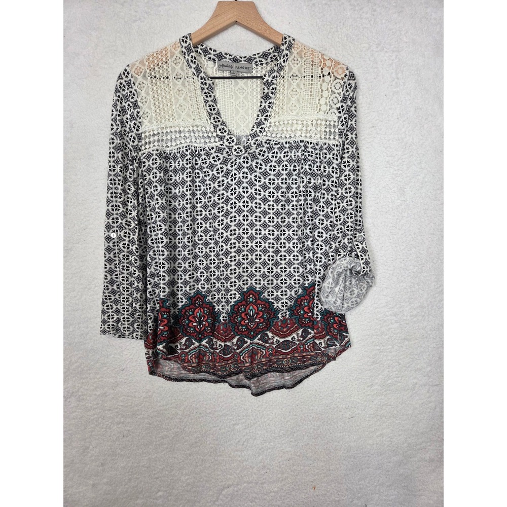 Absolutely Famous Boho Crochet Lace Paisley Roll Tab Tunic Top L Festival Casual